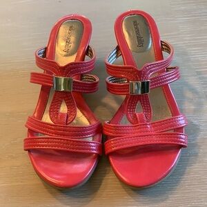 Solesensability Coral and Gold Cork Wedge sandals Sz 7, very good condition